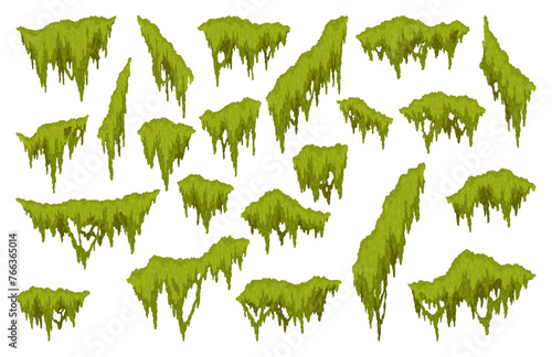 Cartoon jungle moss different shapes. Green swamp moss, forest hanging and creeping lichen. Rainy forest flora set. Marsh plants for computer games isolated on white