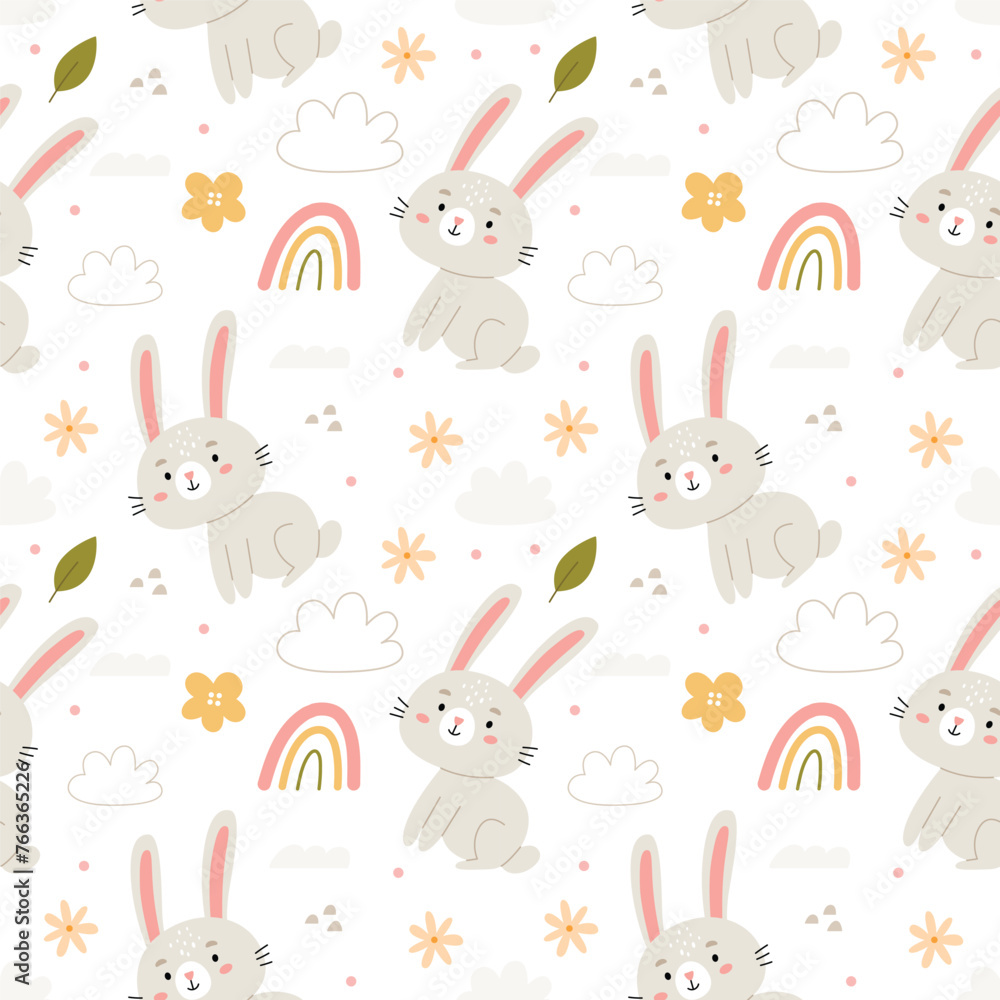 Childrens pattern with rabbits and rainbows in boho style. Childrens pattern with rabbits and rainbows in boho style.