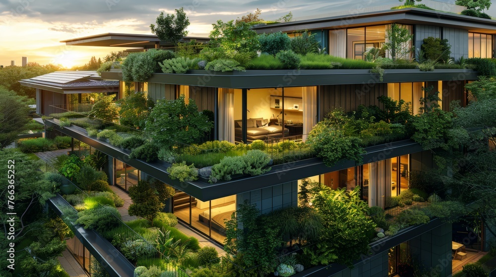 Sustainable Modern Residential Area with Solar-Powered Homes and Green Roofs Generative AI