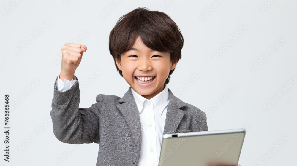 Portrait of a asian boy showing biceps, kid is smiling and holding tablet, white background. Portrait of a asian boy showing biceps, kid is smiling and holding tablet, white background.