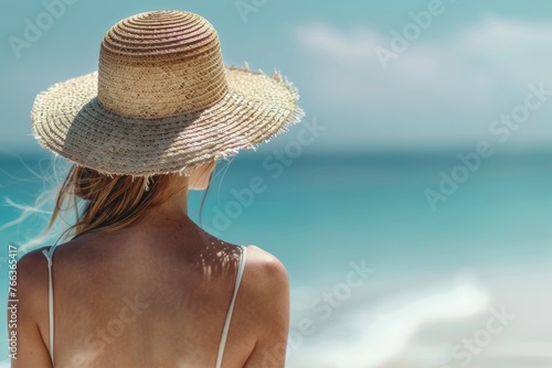 Woman in Straw Hat Back View Gazing at the Sea Generative AI