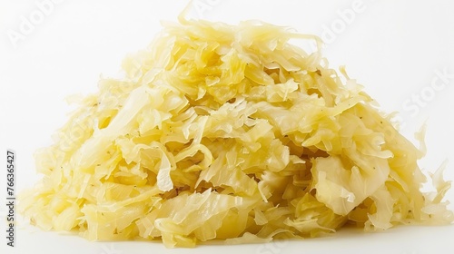 A pile of sauerkraut is placed on a white surface.