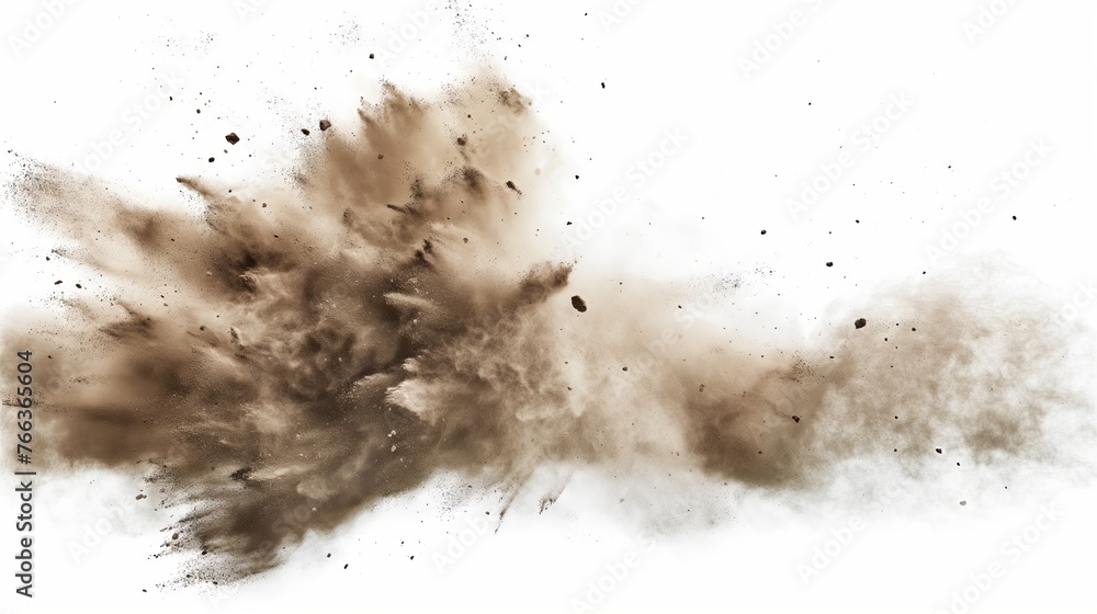 Dry soil explosion isolated on white background.Abstract dust explosion on white background Dry soil explosion isolated on white background.Abstract dust explosion on white background