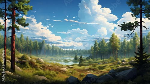 A panoramic view of a vast, untouched forest stretching as far as the eye can see, filled with a rich variety of trees and plants.
