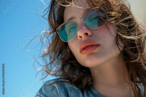 Fashionable Girl in Tinted Sunglasses on White Background Generative AI