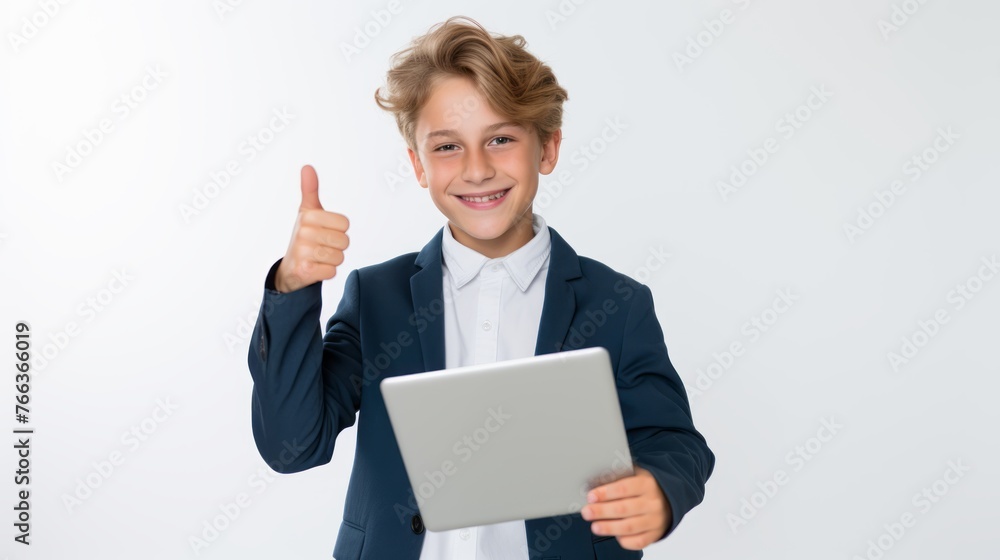 Portrait of a caucasian boy showing thumbs up, kid is smiling, white background. Portrait of a caucasian boy showing thumbs up, kid is smiling, white background.