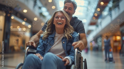 Joyful Interaction: Middle-Aged Woman in Wheelchair Smiling and Having Fun with Male Assistant Generative AI