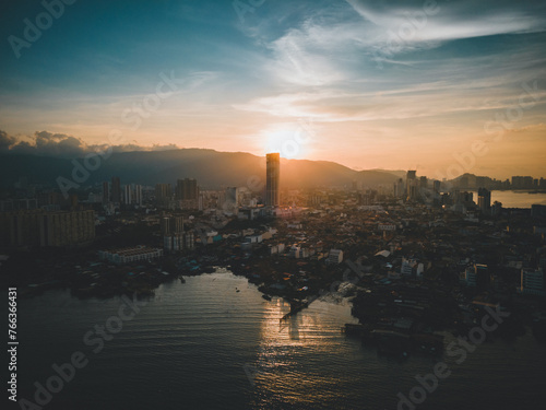 Sunset over the city of George Town, Penang. Komtar building and the city of George Town in Penang island.