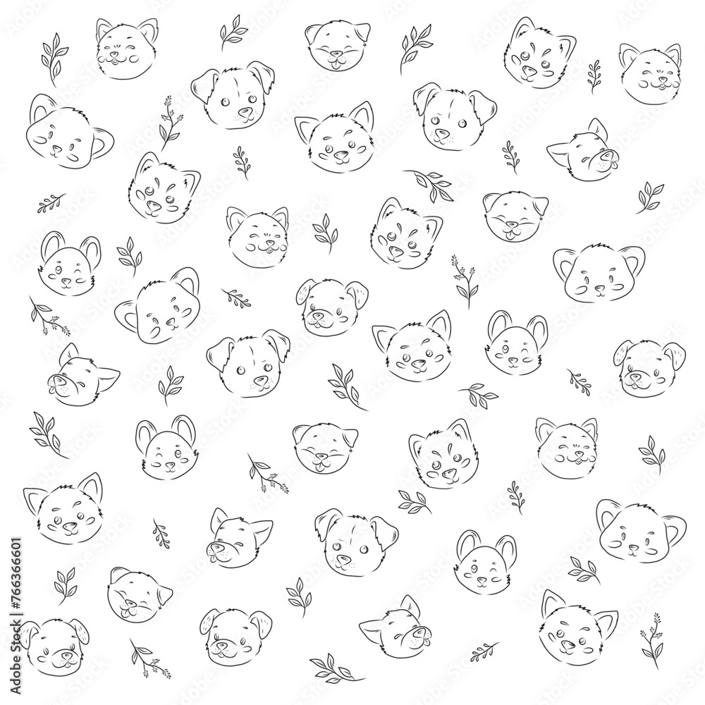 Vector pattern design with dog faces and botanical elements. Dogs in doodle style. Zoo shop logo, wrapping paper, textile print, wallpaper