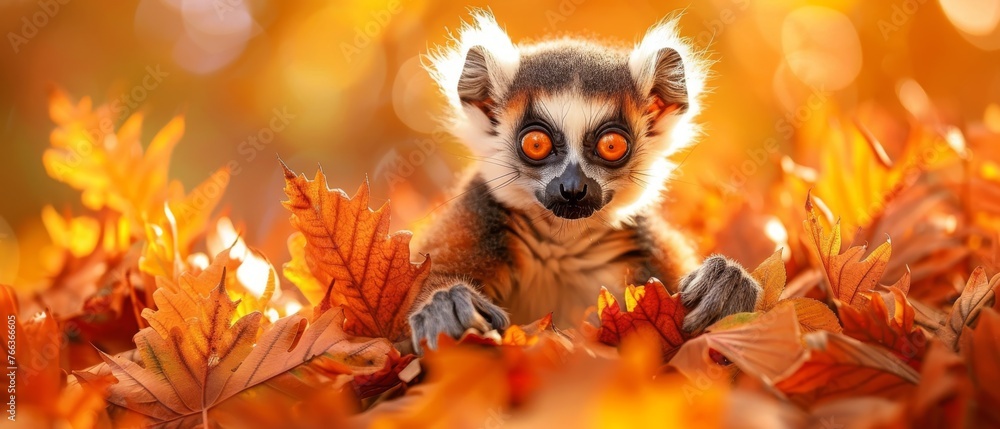 A macro photo captures a tiny creature amidst foliage, its striking orange gaze piercing the image A macro photo captures a tiny creature amidst foliage, its striking orange gaze piercing the image