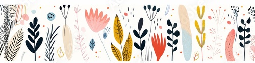 Abstract minimalistic scandinavian botanical art with warm color tones. A delicate composition of floral and foliage elements intertwined with abstract warm colored shapes and subtle brushstrokes