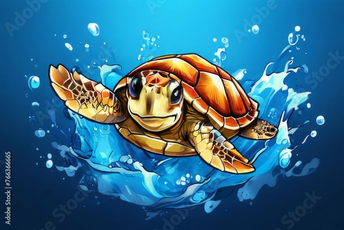 Exquisite image showcasing serene turtle gliding through crystal-clear blue waters of ocean. For fashion, clothing design, animal themed clothing advertising, Tshirt design. photo