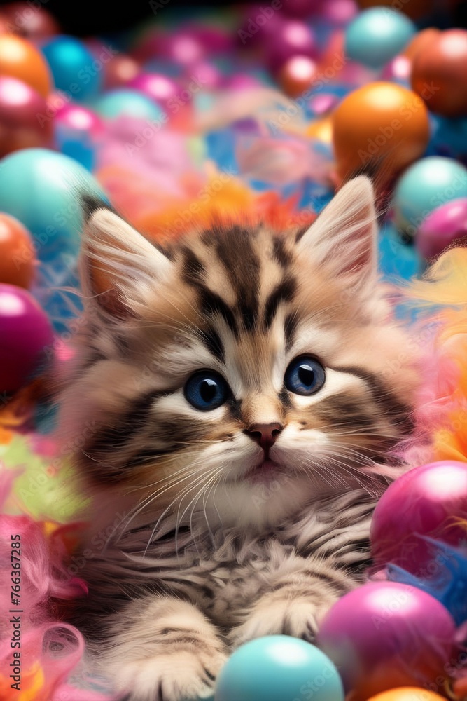 Multi-colored balloons and funny cat, kitty. Holiday. Birthday. Multi-colored balloons and funny cat, kitty. Holiday. Birthday.