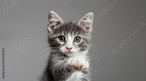 frisky gray-and-white kitten in a studio photo, gazing ahead with its front paw raised on a light gray backdrop.