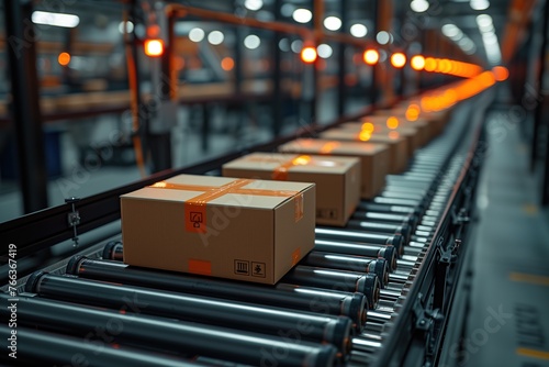 Boxes travel down a roller conveyor in a well-lit warehouse, representing global trade and shipping