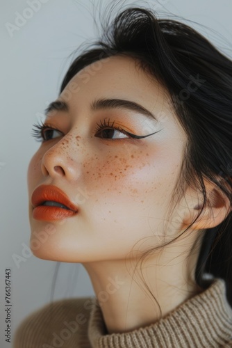 Asian Female Model Showcasing Vogue-Style Portrait with Striking Eyes and Daylight Generative AI