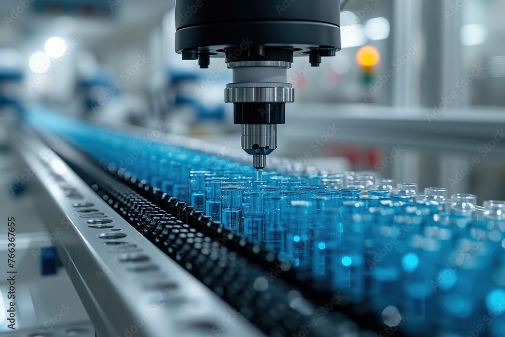 A high-tech pharmaceutical machine accurately dispenses liquid into blue vials, representing medical innovation A high-tech pharmaceutical machine accurately dispenses liquid into blue vials, representing medical innovation