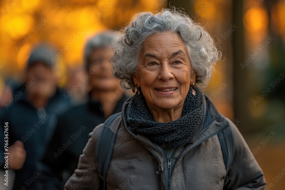 A joyful elderly woman with curly grey hair smiles warmly, with a blurred autumnal backdrop and people A joyful elderly woman with curly grey hair smiles warmly, with a blurred autumnal backdrop and people