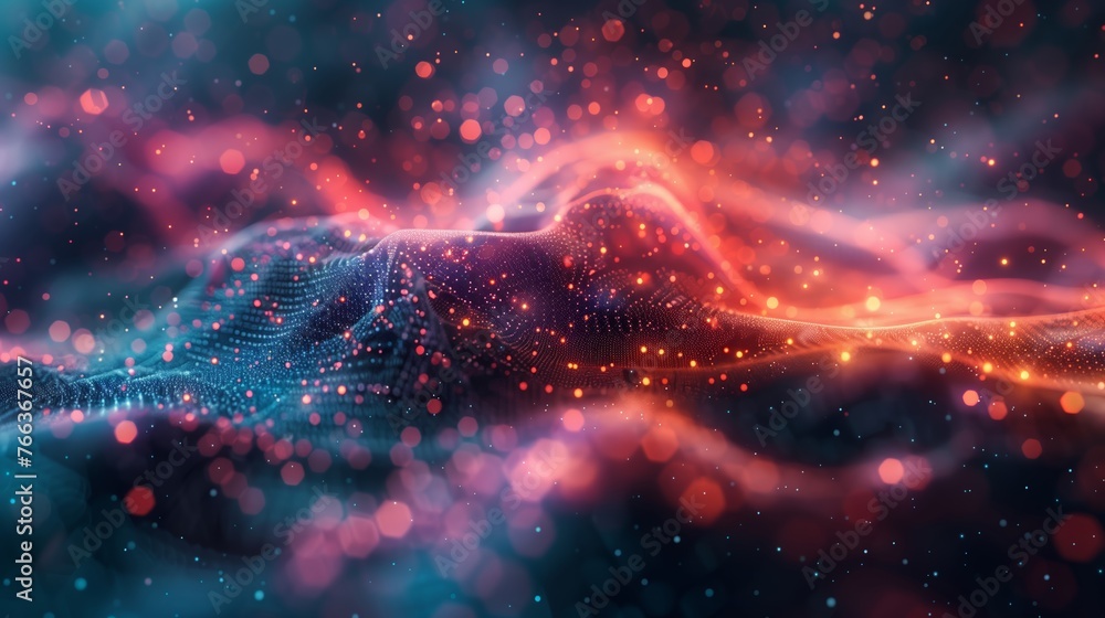 Obraz premium Abstract digital landscape of glowing particle waves with bokeh lights, conceptual background for technology, data science, or artificial intelligence