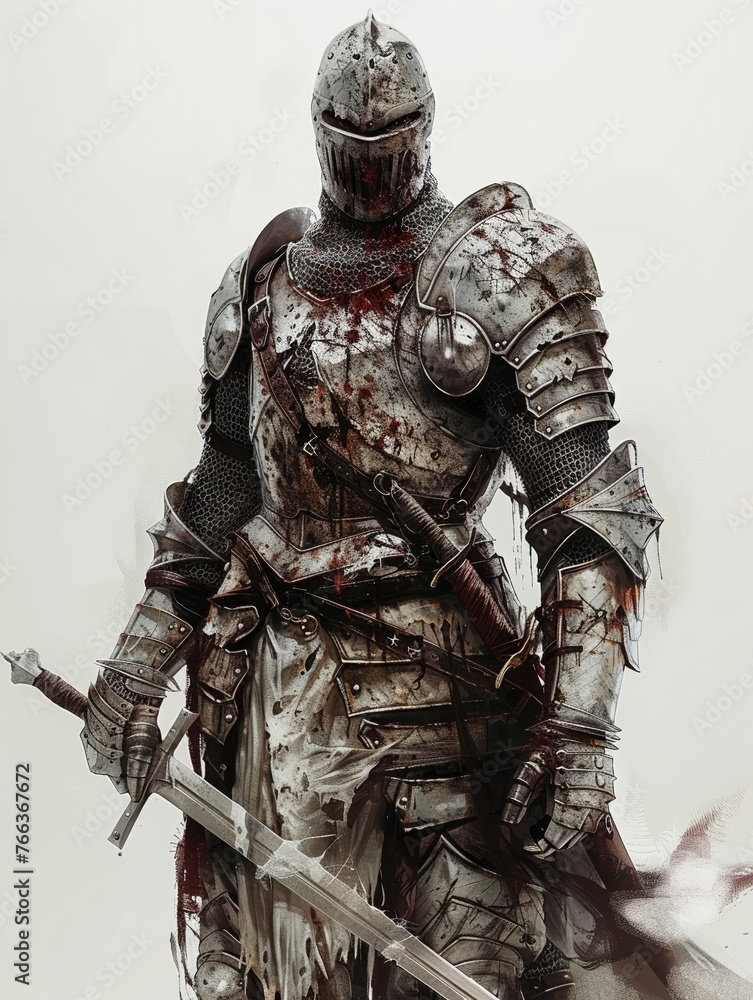 Fototapeta premium Zombie knight, isolated on a clean soft white background, his armor etched with tales of lost enlightenment, 