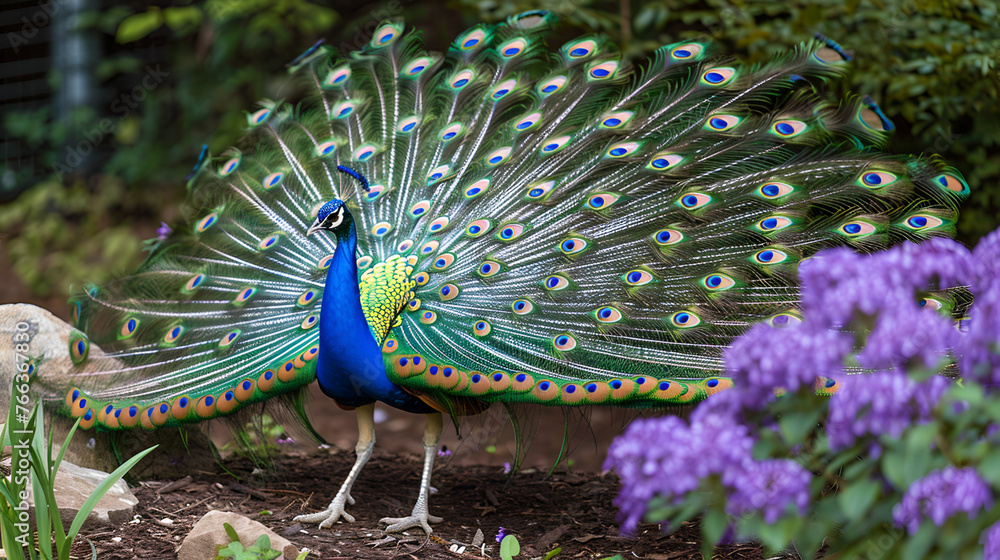 Obraz premium Peacock with its feathers spread out standing in front of bush with purple flowers 
