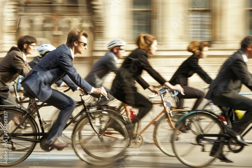 Group of businessmen riding bicycles, engaged in a race. Concept of eco transportation, best perfect candidate, qualities of leadership, drive.