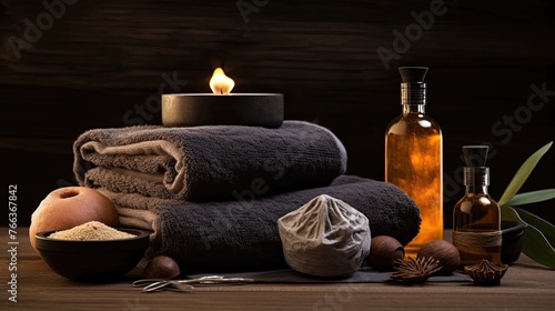 sauna accessories  creams  shampoo  towels  candles  relaxation  dark background