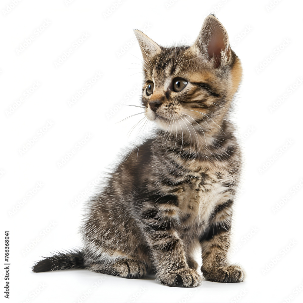 On a white background, a small cat is isolated. Baby Tabby cat