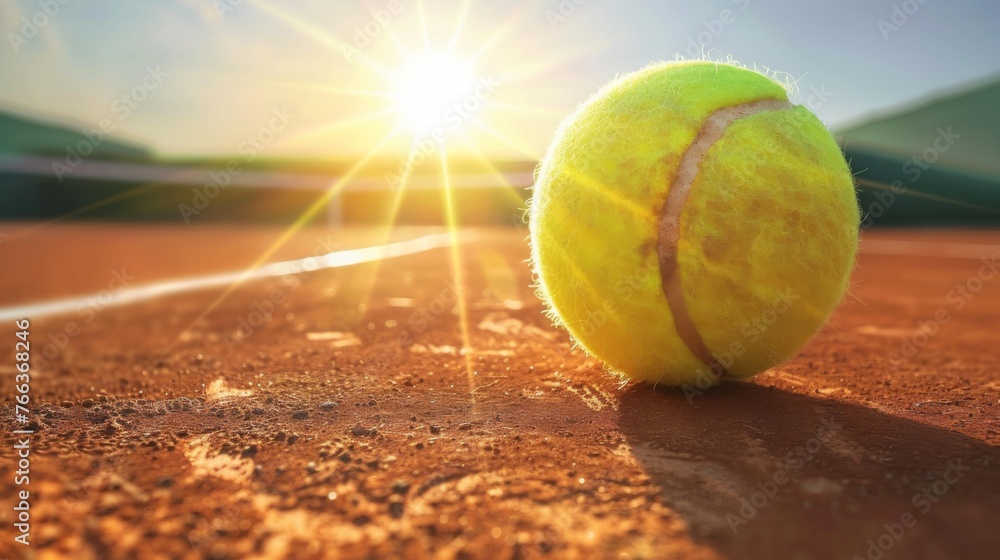 A tennis ball resting on the court, with a blue background and white lines, in a closeup shot.