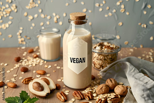 Close up bottle of oatmeal milk with a "VEGAN" label surrounded by nuts nearby on a wooden table on a plain light background with copyspace