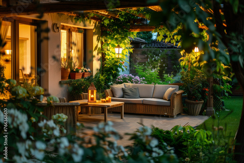 Summer Evening in the Courtyard of a Beautiful Country House With Lighting in the Patio With Rattan Sofa