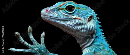  A close-up shot of a lizard s head and neck  featuring its long tail  on a darkened background