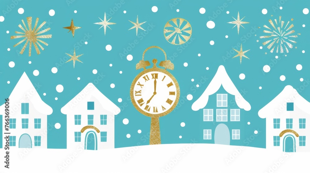 Create a charming illustration for a New Years greeting card, featuring a clock striking midnight, fireworks illuminating the