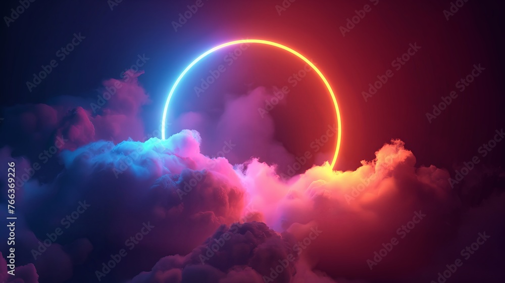 abstract cloud illuminated with neon light ring on dark night sky. Glowing geometric shape, round frame abstract cloud illuminated with neon light ring on dark night sky. Glowing geometric shape, round frame