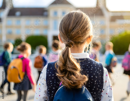 Girl with backpack heading to school photo