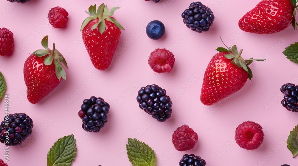 Assorted fresh berries on a pink background, ideal for healthy lifestyle themes. Vibrant summer fruit display. Perfect for culinary uses. AI Assorted fresh berries on a pink background, ideal for healthy lifestyle themes. Vibrant summer fruit display. Perfect for culinary uses. AI