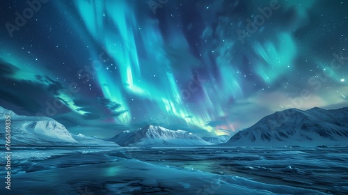 A mesmerizing display of the Northern Lights dancing across the night sky over a frozen  snow-covered landscape.