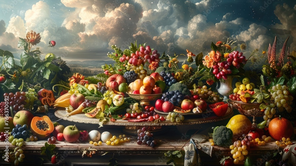 Vibrant Autumnal Harvest Display of Fresh and Ripe Fruits and Vegetables Arranged in a Rustic Wooden Setting - obrazy, fototapety, plakaty 