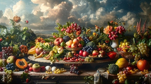 Vibrant Autumnal Harvest Display of Fresh and Ripe Fruits and Vegetables Arranged in a Rustic Wooden Setting
