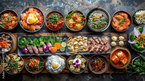 Assorted Korean Cuisine Dishes Served on Rustic Wooden Table