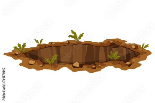 Hole ground. Works digging of sand coal waste rock or gravel. Brown, dry mine element of landscape. Cartoon illustration