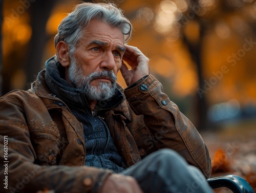 Man Massaging Aching Crown of Head on Park Bench Generative AI photo