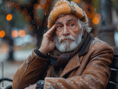 Man Massaging Aching Crown of Head on Park Bench Generative AI photo