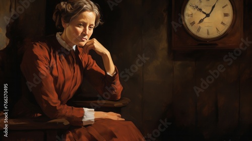A woman in a red dress is sitting in a chair in front of a clock. The clock is set at 10:00. The woman is deep in thought, possibly contemplating something
