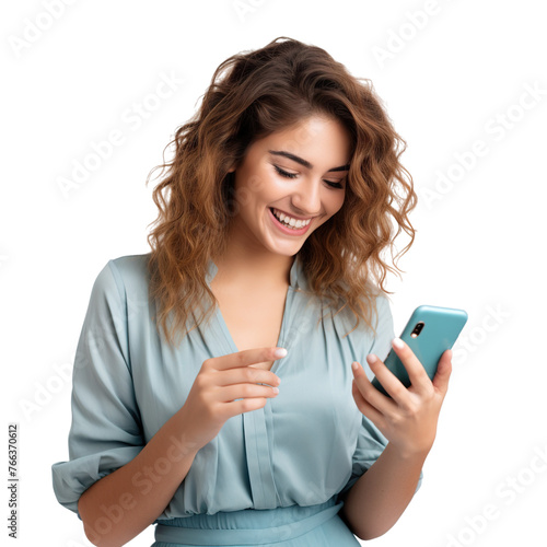 Happy young woman using cell phone, cut out