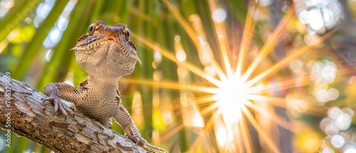 A lizard perched on a palm tree branch under bright sunrays