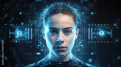 Face recognition Ai system future technology surreal girl cybrog robot zoom in photo