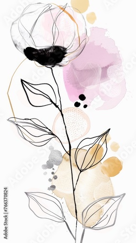 Abstract minimalistic scandinavian botanical art with warm color tones. A delicate composition of floral and foliage elements intertwined with abstract warm colored shapes and subtle brushstrokes