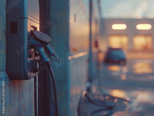 A car is plugged into a charging station. The image has a moody, somewhat dark atmosphere