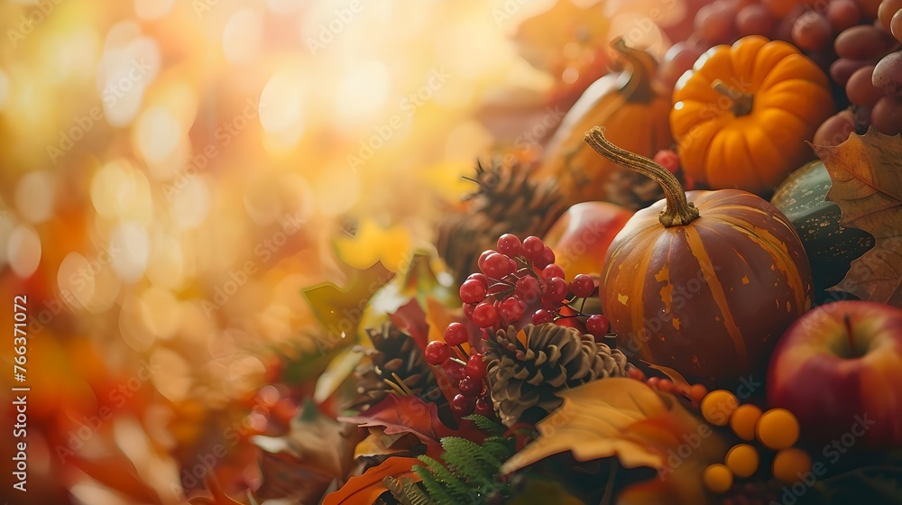 Autumn abundance in a warm glow. Seasonal produce and foliage on display. Ideal for Thanksgiving themes. Celebrating harvest and nature's beauty. AI